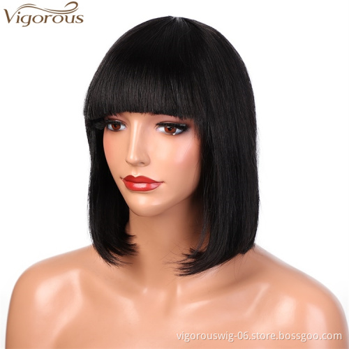 Vigorous High Quality Short Bob With Flat Bangs Wigs12 Inches Straight Black Human hair Wigs for White Women Wholesale Price
